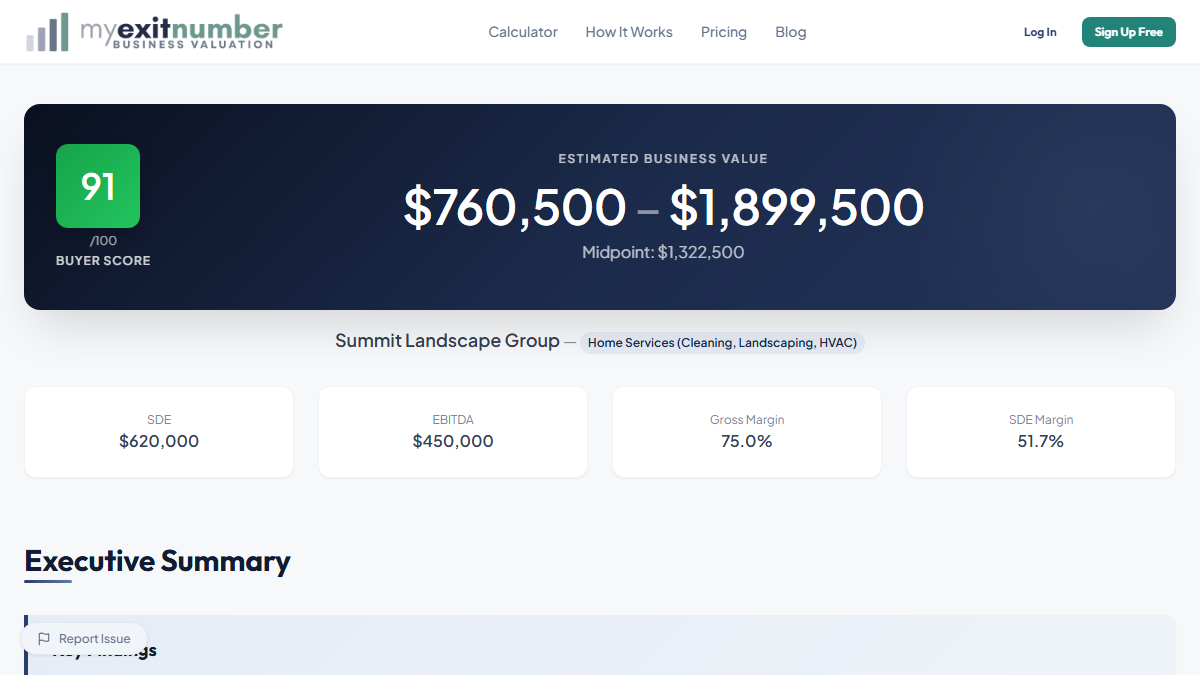 MyExitNumber results page showing valuation output and buyer-facing quality signals