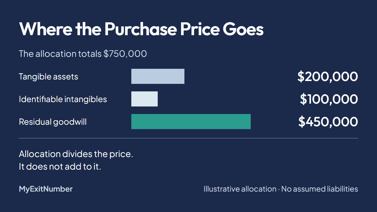 Illustrative $750,000 allocation: $200,000 tangible assets, $100,000 identifiable intangibles, and $450,000 residual goodwill; no assumed liabilities.
