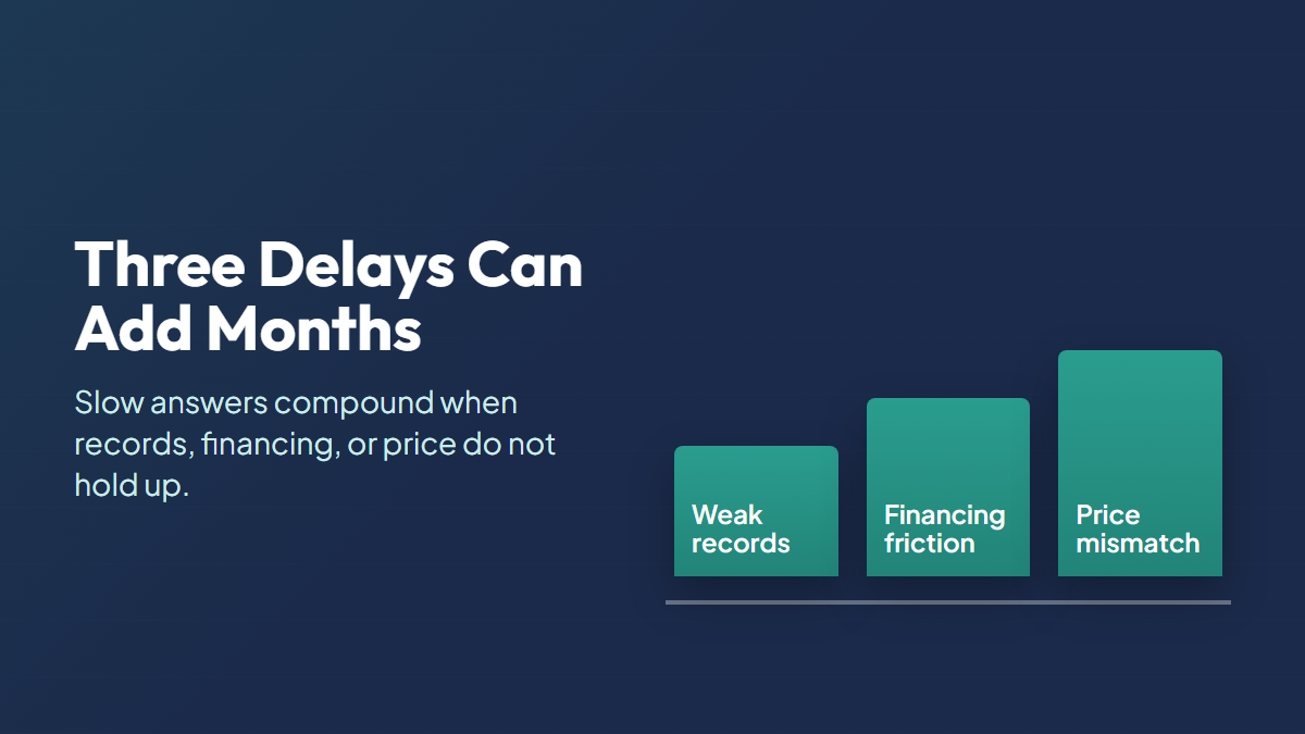 Three common business sale delays showing weak records, financing friction, and price mismatch adding time to closing