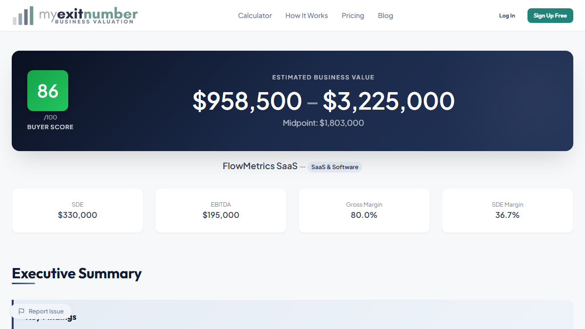 MyExitNumber results page for FlowMetrics SaaS showing SDE of $330,000, EBITDA of $195,000, and blended valuation metrics