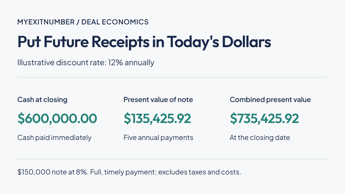 At an illustrative 12% annual discount rate, $600,000 cash plus $135,425.92 present value of the note equals $735,425.92, assuming full and timely payment before taxes and costs.